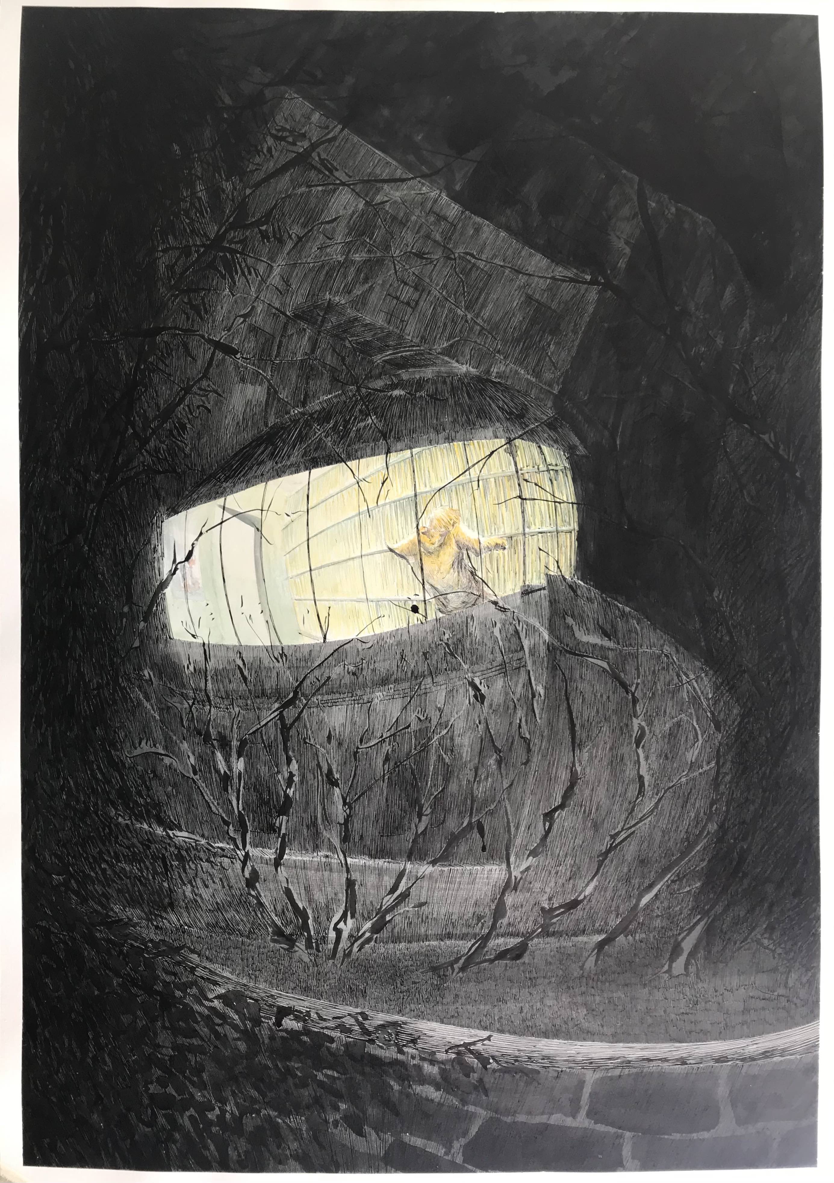 dessin d'un bâtiment sombre vue de l'extérieur à l'encre. Une fenêtre laisse apparaitre de la lumière.