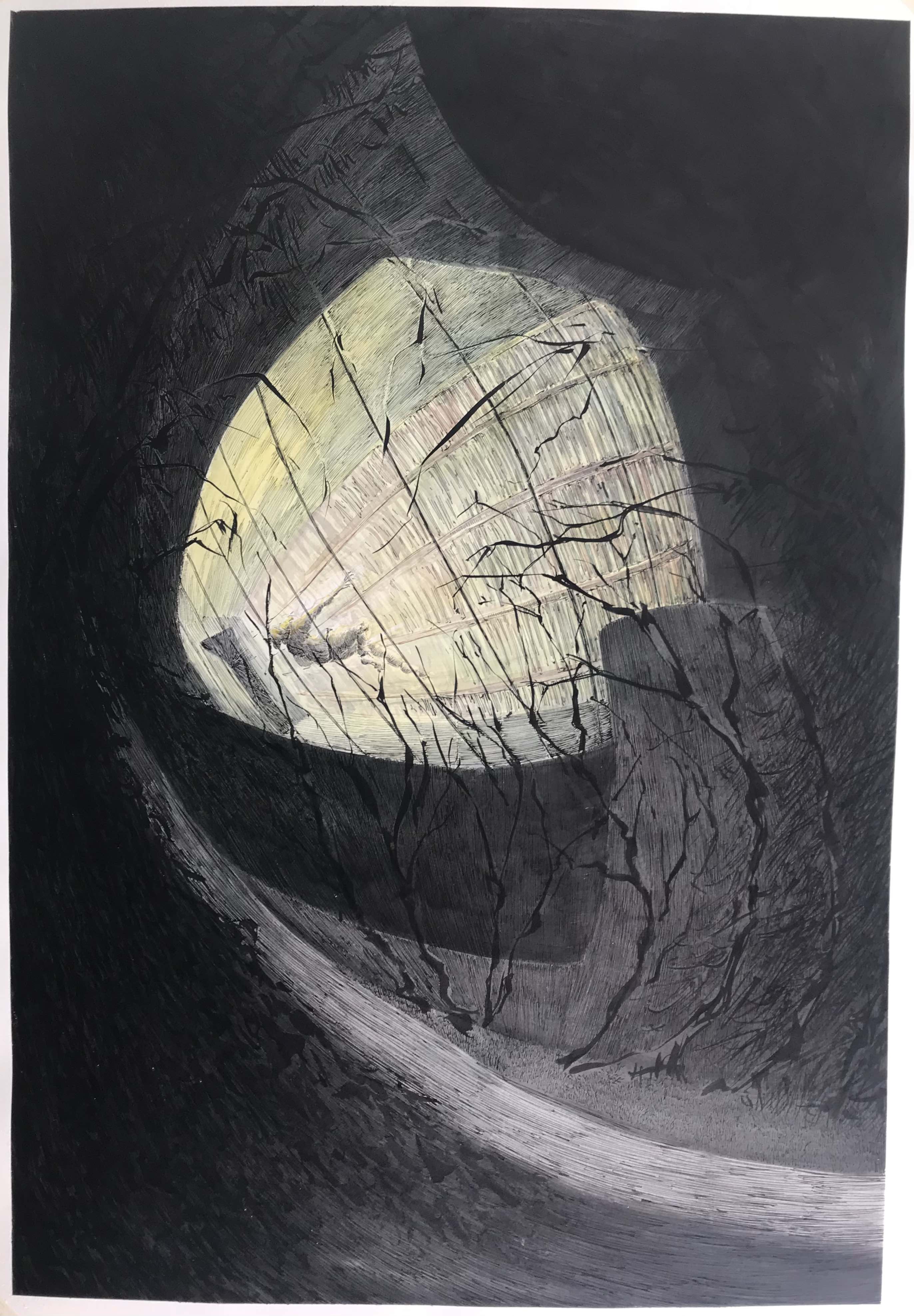 dessin encre d'un immeuble vue du bas, murs sombres encadrant une ouverture lumineuse avec végétation. Dans l'ouverture est dessiné un personnage qui semble tomber.