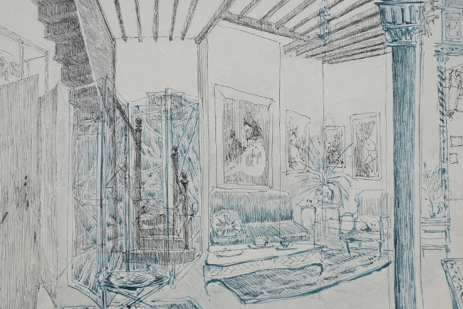 Dessin du salon rouge à l'encre noire et bleue